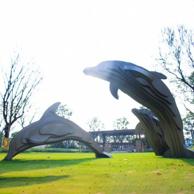 公园不锈钢拼图抽象鲸鱼海豚草地景观博鱼网页版摆件