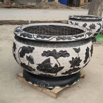 石雕仿古青石荷花鱼缸庭院养鱼中式天然石头圆形水缸