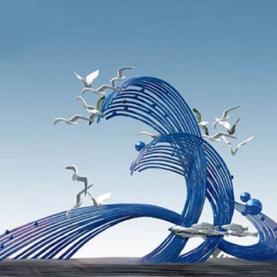 广场大型不锈钢镂空喷漆海浪海鸥博鱼网页版