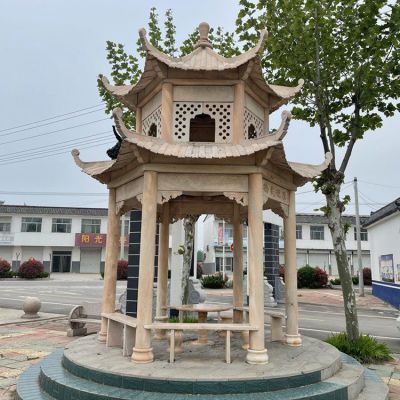 城市街边装饰晚霞红雕刻二层中式凉亭