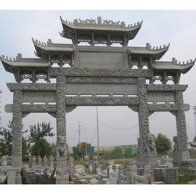 农村村口石雕牌坊三门青石花岗岩定制