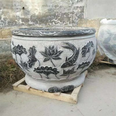  圆形仿古流水浮雕荷花石雕鱼缸摆件