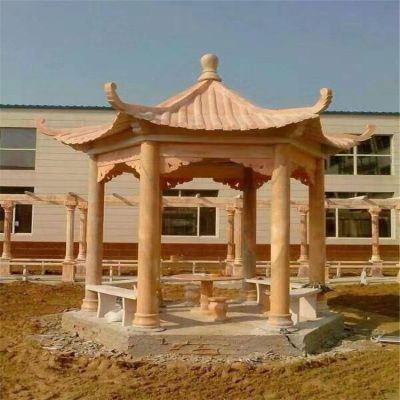 晚霞红石雕户外庭院六角凉亭博鱼网页版