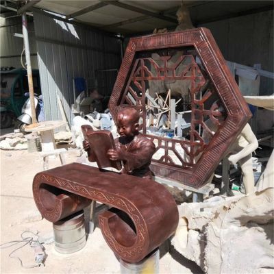城市公园摆放玻璃钢仿铜儿童看书人物景观小品