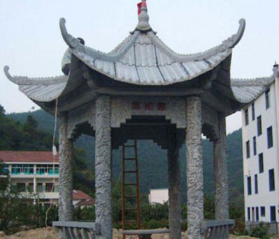 学校六角仿古建六柱雕刻龙纹靠背座椅青石休闲凉亭