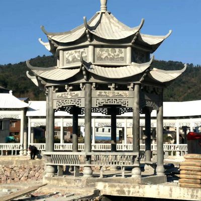 户外双层雕刻花纹园林装饰青石凉亭