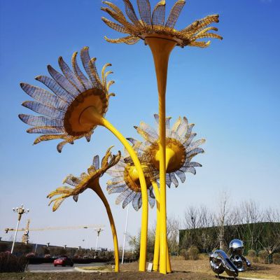 不锈钢喷漆镜面电镀向日葵花博鱼网页版 城市广场园林草坪景观摆件