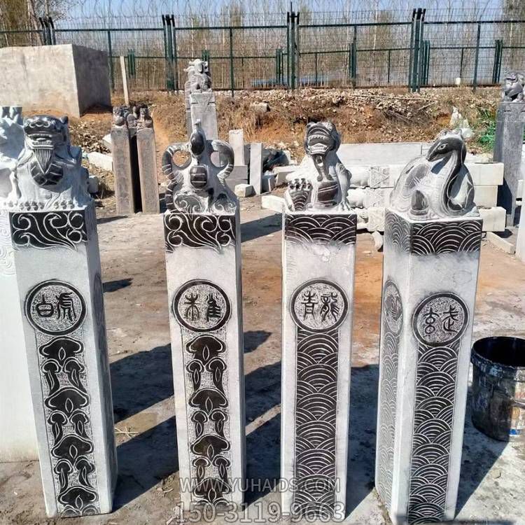 大理石雕刻做旧中式庭院门口摆放四大神兽拴马柱博鱼网页版
