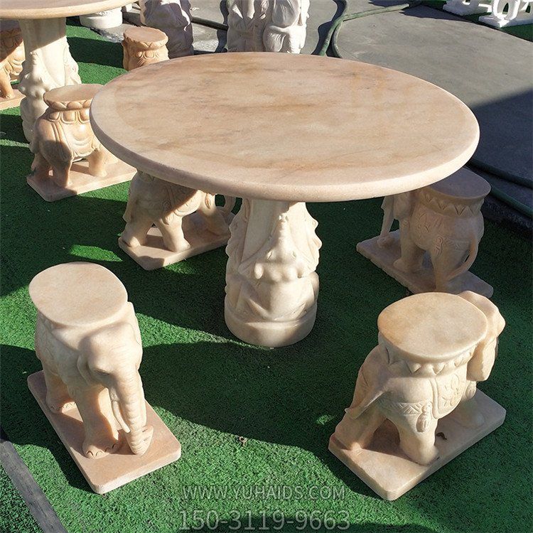 天然晚霞红雕刻小象石凳圆桌庭院摆件博鱼网页版