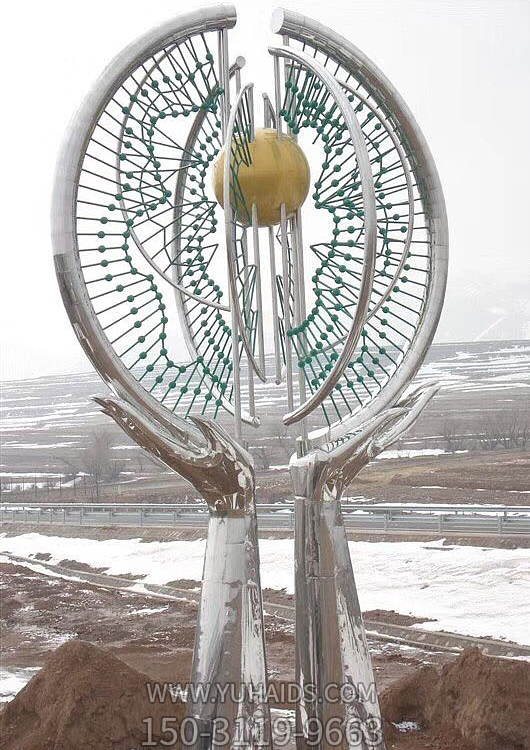 不锈钢景观标识，双手托举圆形造型景观博鱼网页版