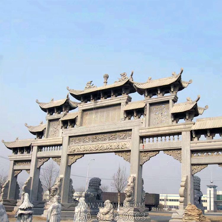 大型仿古建筑斗拱五门青石牌楼博鱼网页版