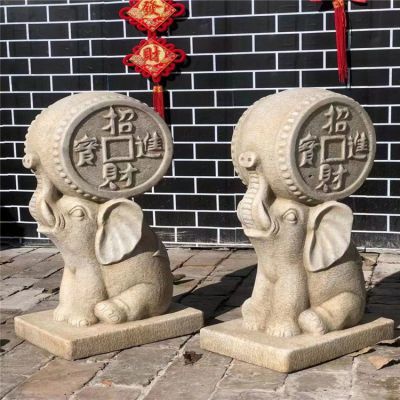 庭院户外摆放砂岩浮雕蹲坐小象招财进宝石门墩