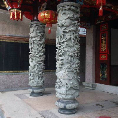 青石天然石材浮雕凤凰寺院祠堂门前石柱子