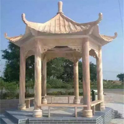 街道景观摆放晚霞红休息凉亭
