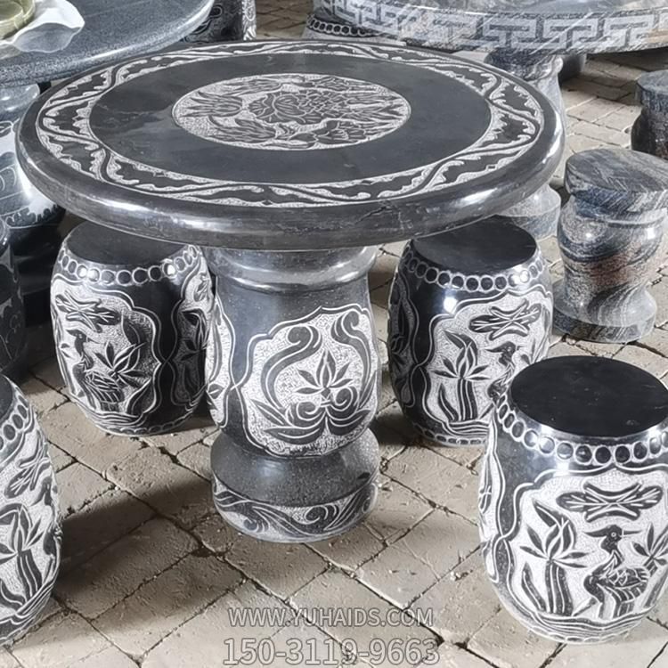 大理石黑浮雕花纹公园户外摆放休闲石桌石凳博鱼网页版