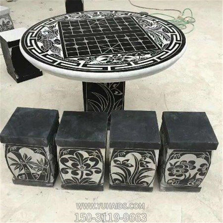 公园休闲大理石雕刻棋盘石圆桌梅兰竹菊花纹方凳博鱼网页版