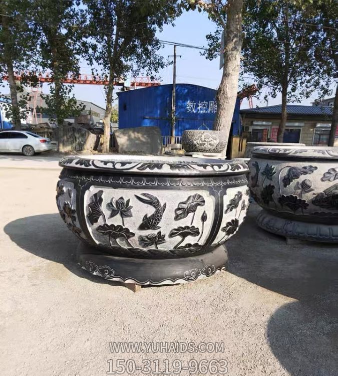 石雕鱼缸花盆庭院 荷花缸养鱼青石仿古水缸户外水槽石槽大理石摆件博鱼网页版