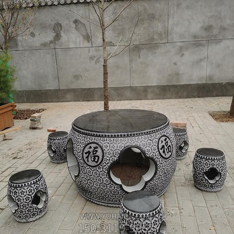 庭院摆放大理石浮雕花纹镂空鼓形圆桌圆凳博鱼网页版