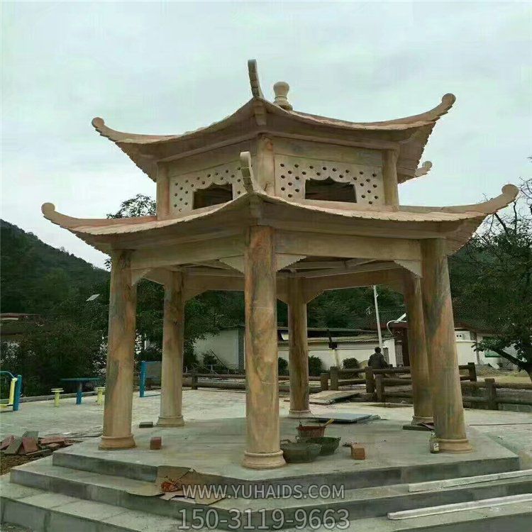 晚霞红石雕大型双层中式六角凉亭博鱼网页版