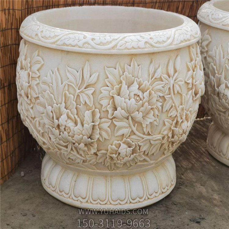 石雕牡丹花纹圆形水缸庭院摆放中式养鱼养花水缸博鱼网页版