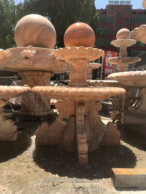 室外别墅摆放晚霞红双层风水球石雕喷泉博鱼网页版