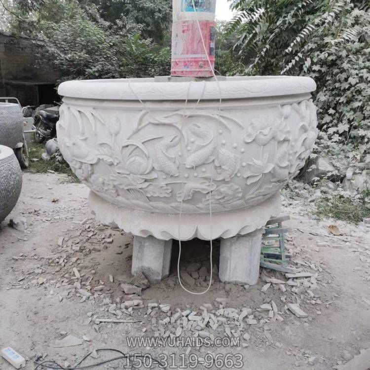 庭院摆放汉白玉浮雕鲤鱼图案中式圆形水缸博鱼网页版