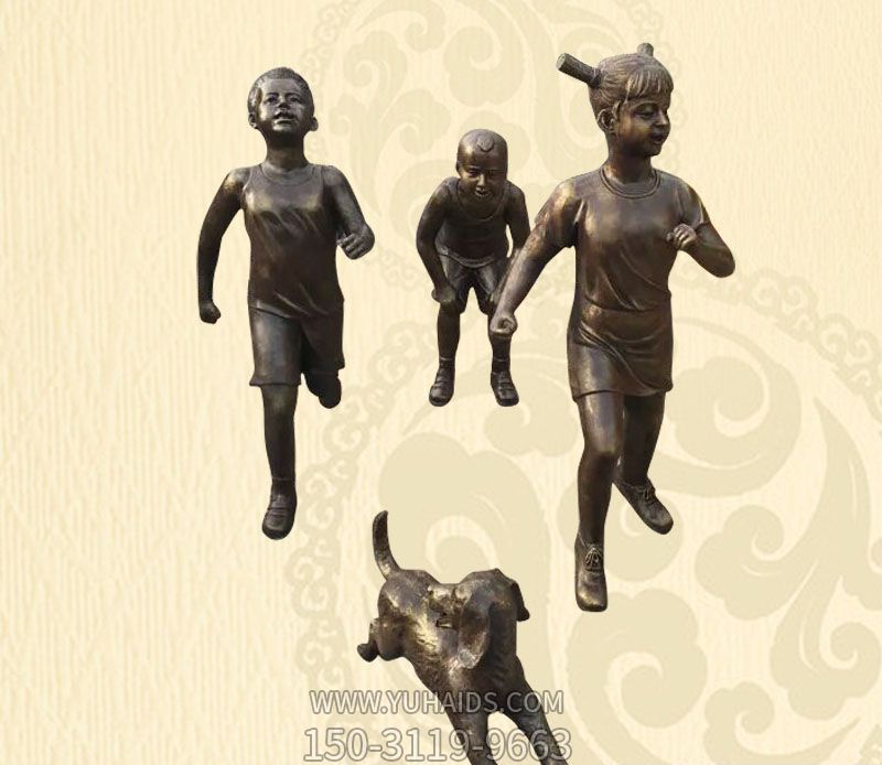 公园广场创意不锈钢仿铜小孩子追逐狗博鱼网页版