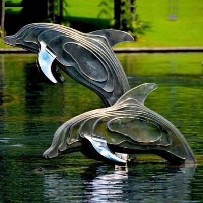 不锈钢海豚博鱼网页版，池塘水景抽象海豚景观动物博鱼网页版