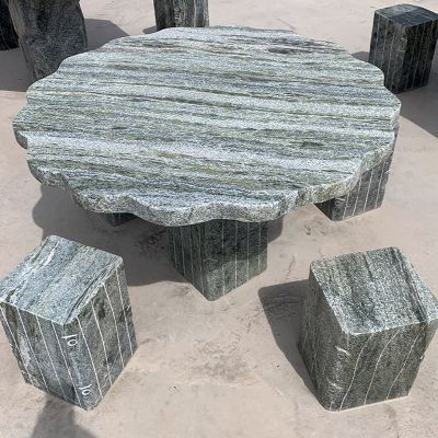 天然纹理雕刻花形家用石桌方凳