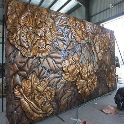 玻璃钢仿铜浮雕花开富贵小区园林装饰壁影画