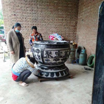 庭院青石做旧浮雕荷花花纹养鱼水缸花盆