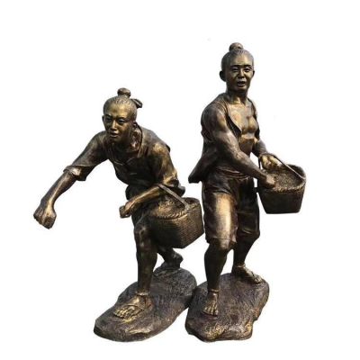 大型玻璃钢仿铜农耕文化播种古代民俗小品摆件