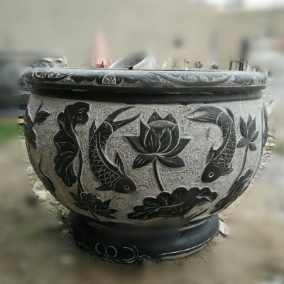 青石仿古鱼缸荷花图案石缸庭院摆件石雕鱼缸博鱼网页版