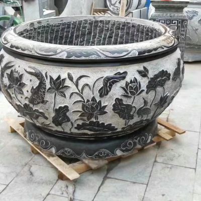 青石石雕浮雕莲花鲤鱼庭院摆件花盆博鱼网页版