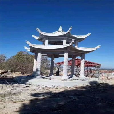 户外公园乘凉双层晚霞红石亭子