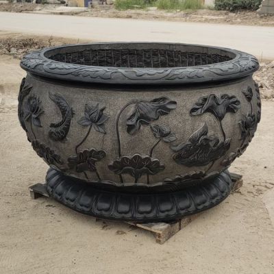 园林摆放青石雕刻荷花圆形养鱼水缸