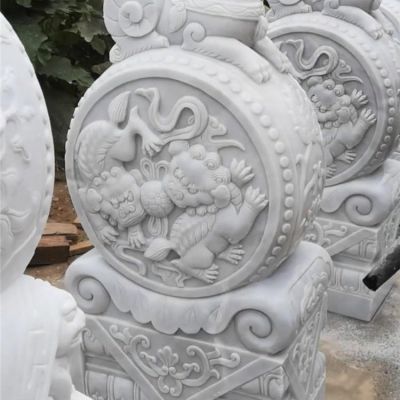 庭院摆放大理石浮雕狮子花纹抱鼓石博鱼网页版