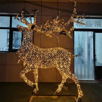 不锈钢镂空麋鹿博鱼网页版金属 动物博鱼网页版内置灯光鹿景观摆件