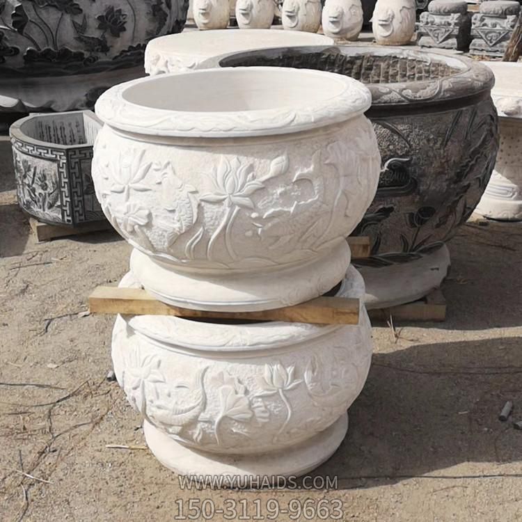 大理石汉白玉浮雕荷花养鱼水缸庭院装饰摆件博鱼网页版