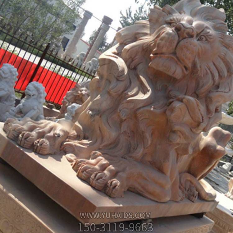 大型天然石材晚霞红西方卧狮企业门口摆件博鱼网页版
