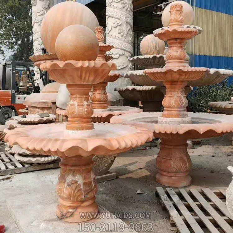 晚霞红雕刻二层中式庭院摆放流水转运风水球博鱼网页版