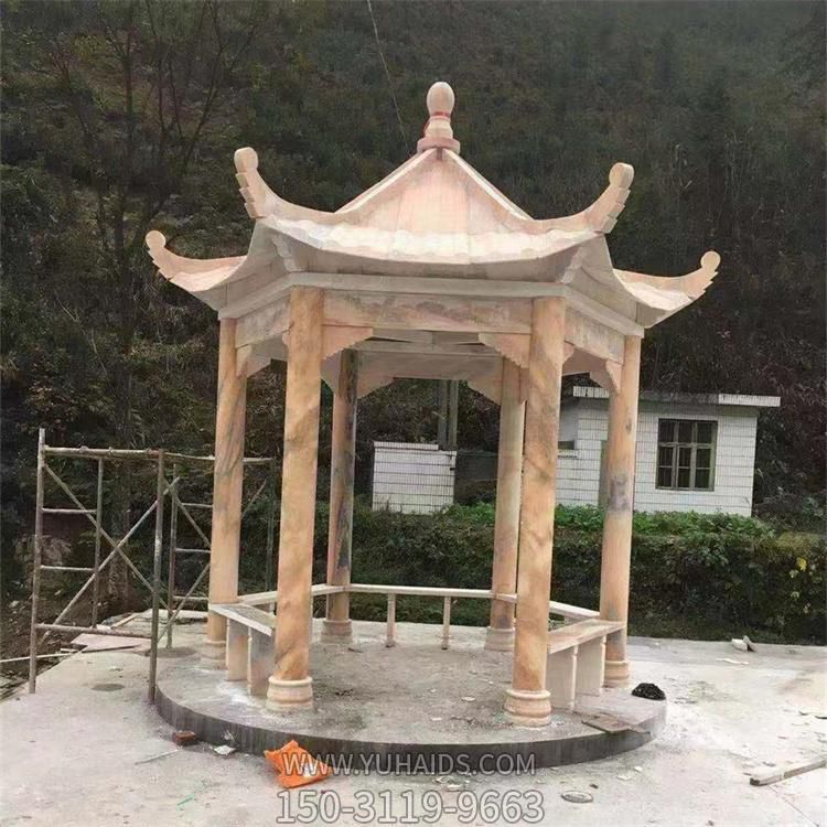 晚霞红大理石石雕户外庭院六角凉亭摆件博鱼网页版