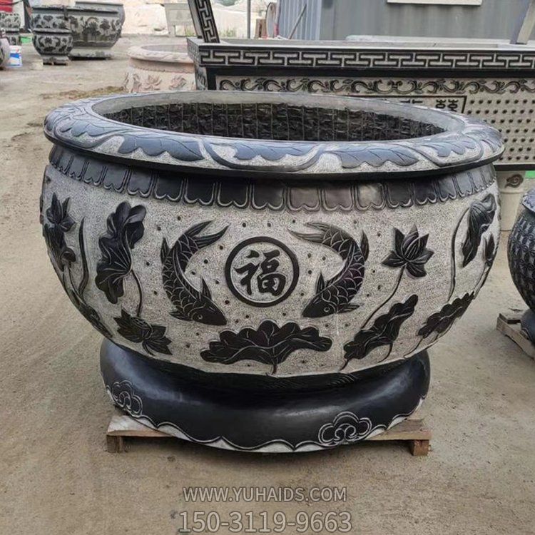 天然大理石浮雕荷花鲤鱼圆形水缸别墅摆件博鱼网页版
