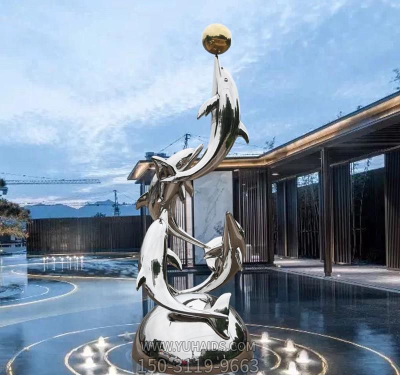 度假酒店中四只镜面不锈钢海豚博鱼网页版