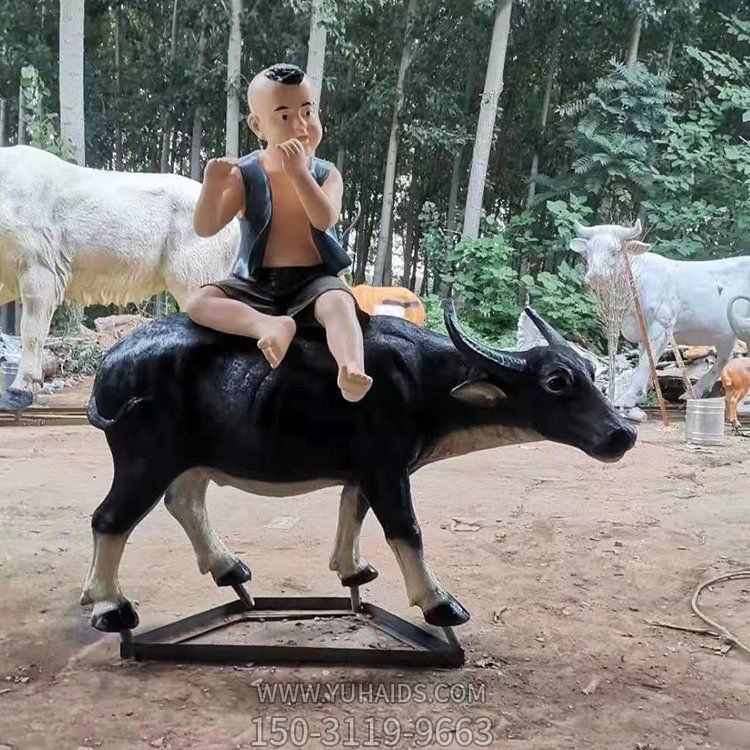 景区园林摆放玻璃钢喷漆牧童骑水牛景观小品博鱼网页版