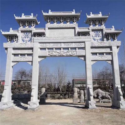 祠堂摆放大理石雕刻中式仿古三门楼石雕牌坊