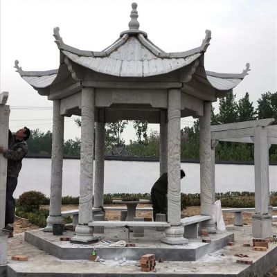 公园庭院摆放仿古建筑六角雕刻长廊休闲凉亭