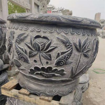 青石花盆鱼缸仿古石雕荷花鱼圆缸