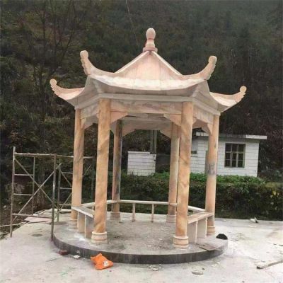 晚霞红大理石石雕户外庭院六角凉亭摆件