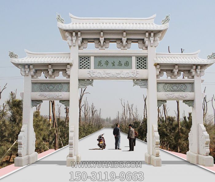 生态园景区大理石三门牌坊浮雕摆件博鱼网页版